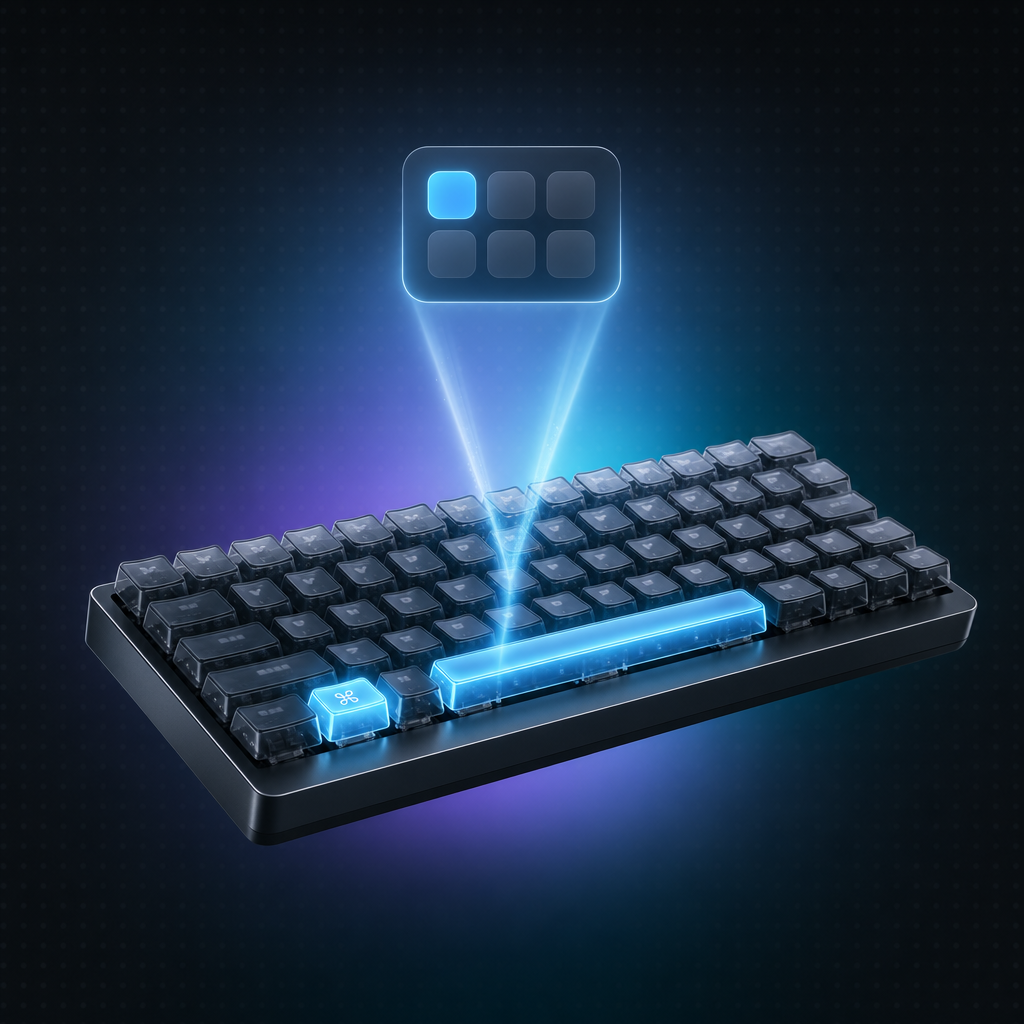 An isometric mechanical keyboard with the Command and Space keys glowing cyan.