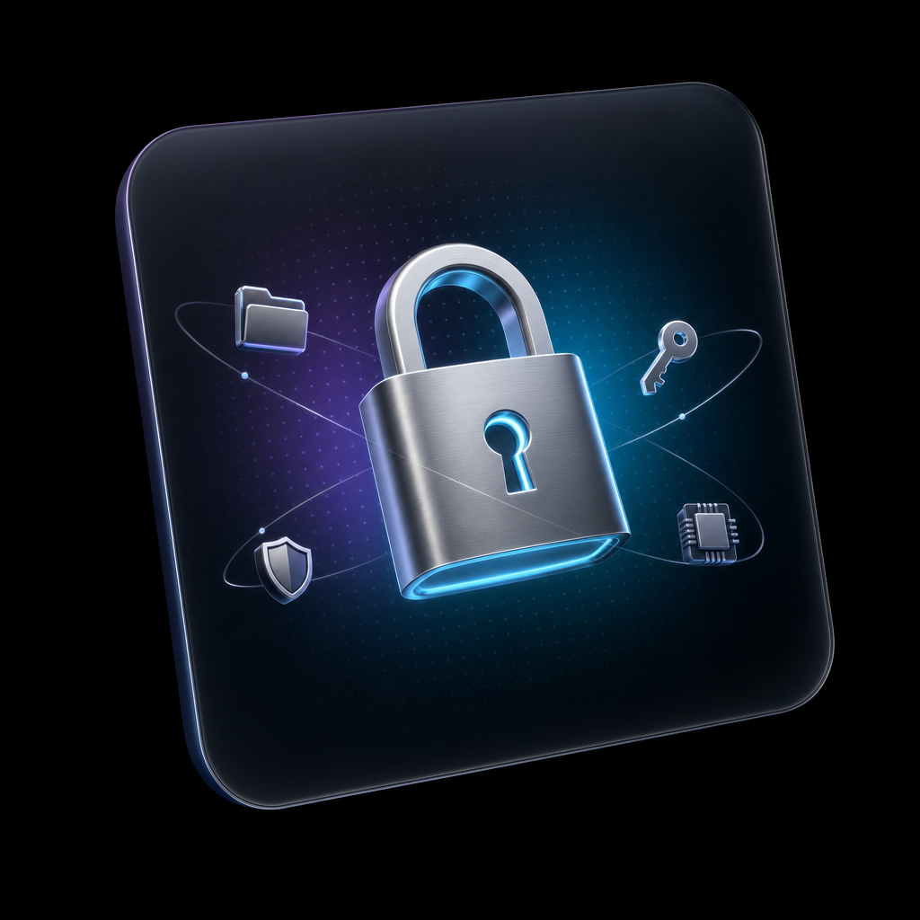 A glowing 3D padlock orbited by tiny app icons, representing local-first privacy.